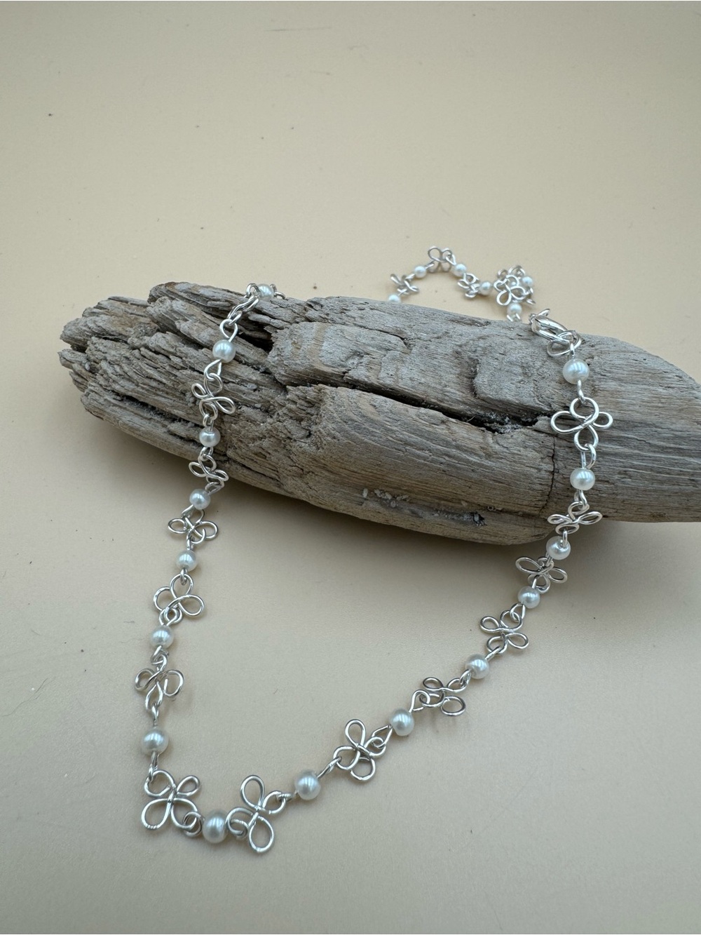 Sterling Silver Floral Link Necklace with White Pearls 132
